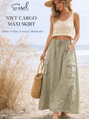 NWT Easel Cargo Maxi Skirt Olive Boho Utility Drawstring Pockets Flowy M 😍